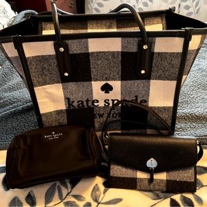 Kate Spade soft plaid tote BUNDLE w black makeup pouch and matching wallet-purse